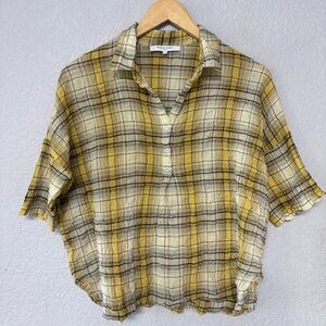Gerard Darrel Yellow Plaid Crinkle Cotton Button Top‎ Size 38 (8)